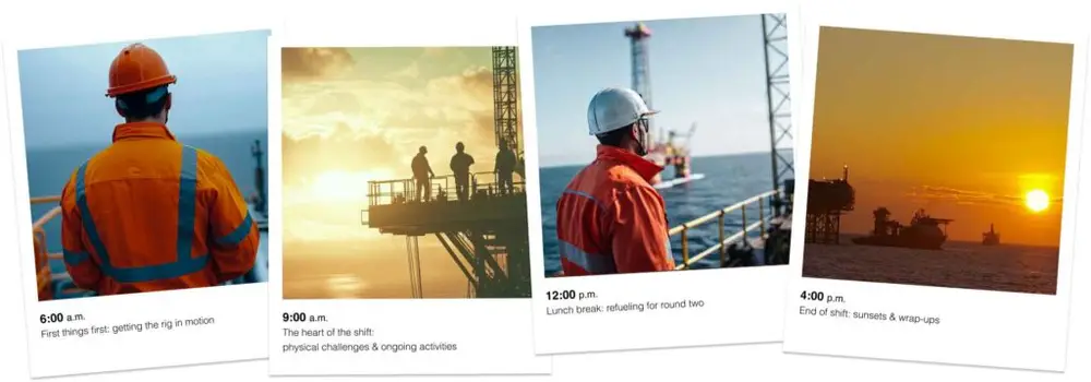 images of a man on an oil rig throughout the day