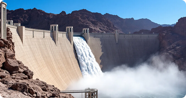 The image depicts the Hoover Dam with water cascading through its spillways, showcasing the transformation of gravitational potential energy into kinetic energy as it flows.