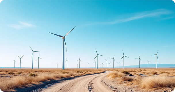 The image shows large wind turbines towering against a clear blue sky in a wind farm, harnessing kinetic energy from the wind to produce electricity. This renewable energy source exemplifies the transformation of motion energy into electrical energy.