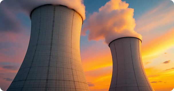 A nuclear power plant with towering cooling towers, from which steam rises into the air, set against a vibrant sunset sky. This scene symbolizes the transformation of nuclear energy into electrical energy, highlighting the role of nuclear power plants in producing electricity while showcasing the beauty of energy in nature.
