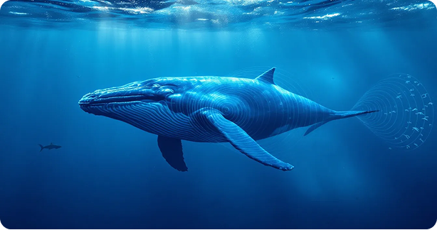A blue whale swims gracefully underwater, surrounded by visualized sound waves that illustrate the concept of sound energy and its movement through water. This image captures the majestic creature in motion, highlighting the relationship between kinetic energy and sound waves in the ocean