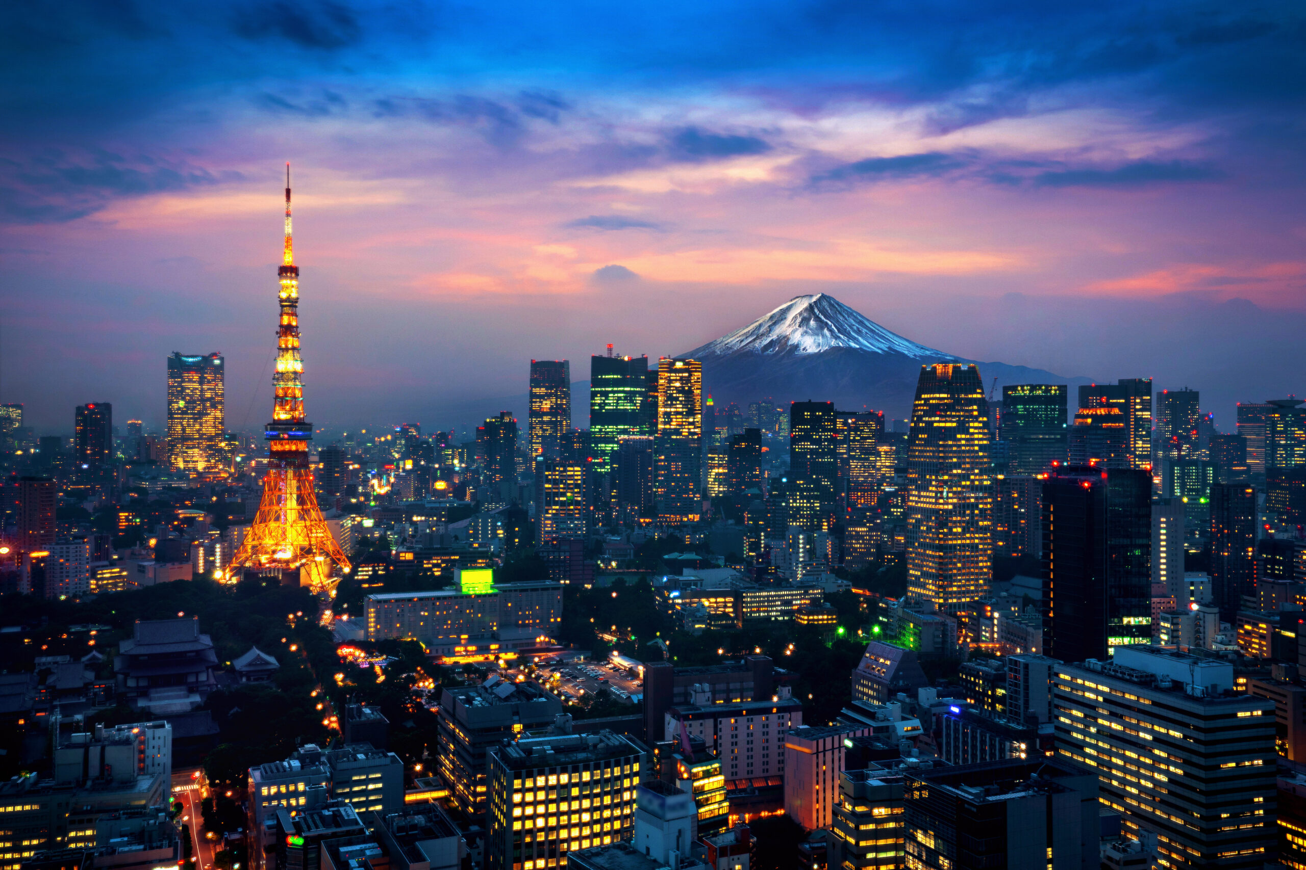 Aerial view of tokyo cityscape with fuji mountain in japan.