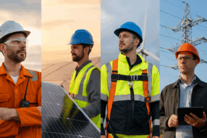 Composite banner showing energy professionals from oil and gas, solar, wind, and power transmission sectors, representing workforce reskilling, technical training, and career development across the global energy industry